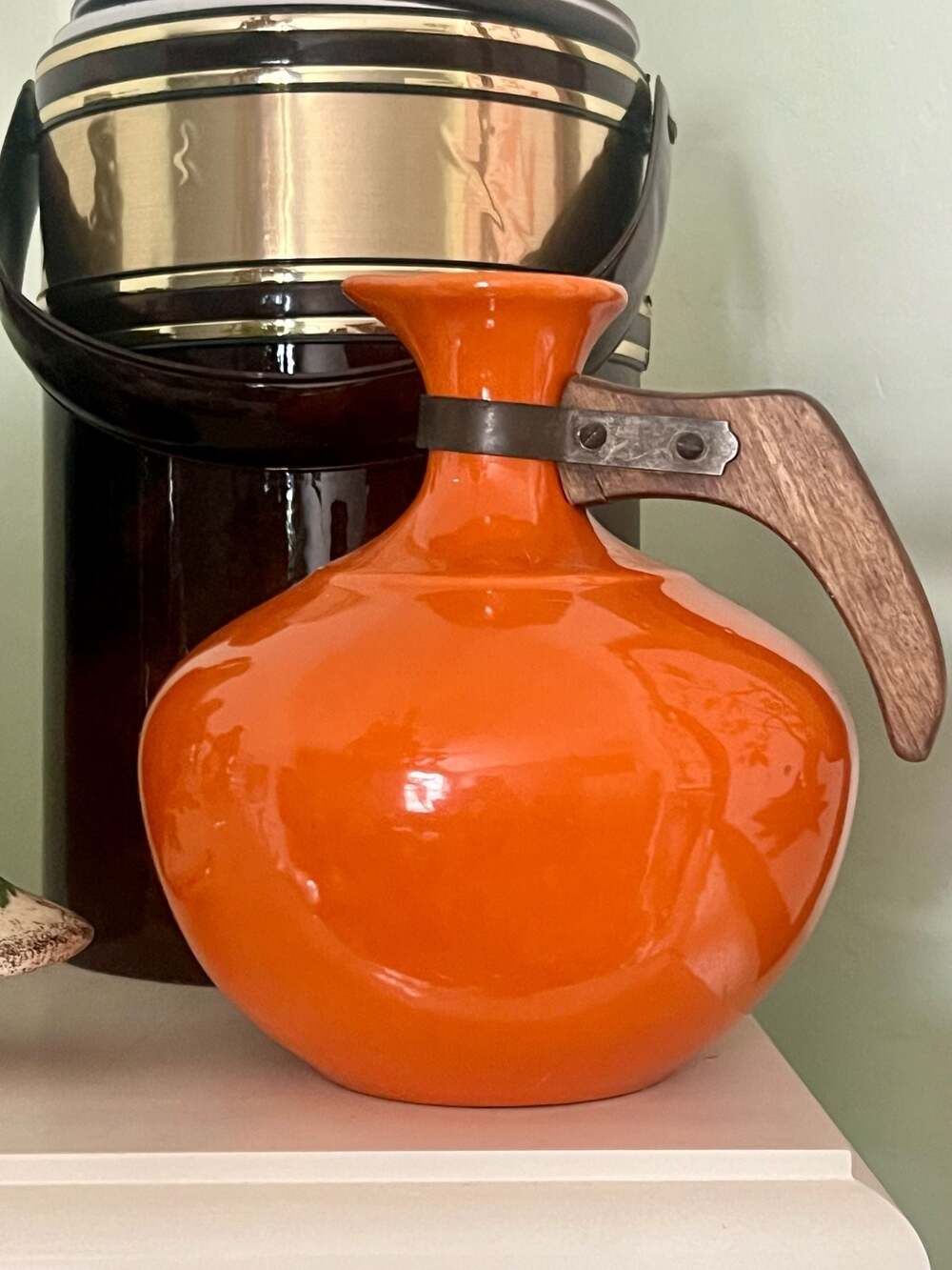 Vintage MCM Bauer Pottery Coffee Carafe w/Wood Handle 8” Orange